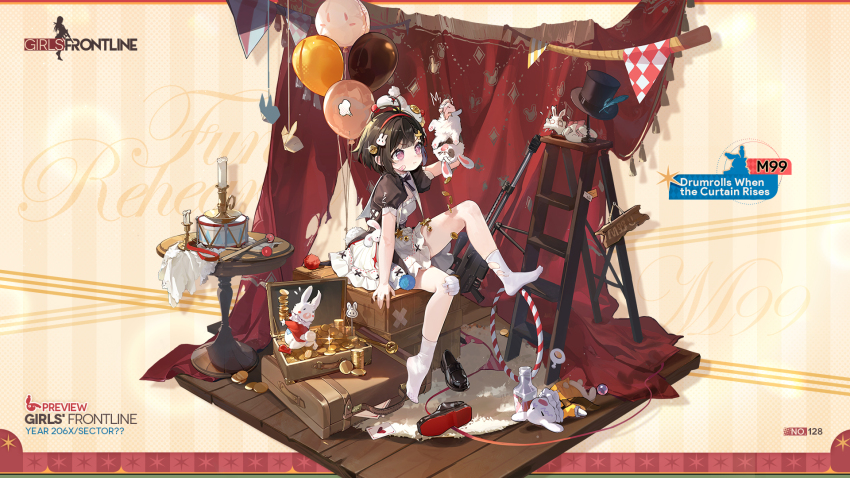 &gt;_&lt; 1girl :i ^^^ animal antenna_hair ball balloon bandage_on_knee bandaid bandaid_on_head black_dress black_shoes blush bottle candle candlestand card character_name coin colored_shoe_soles commentary copyright_name crate crossed_bandaids curtains diamond_(shape) dress dress_shoes drum drumsticks english_commentary feet flying_sweatdrops full_body girls&#039;_frontline gold_coin hair_ornament hairband hat hat_feather heart highres holding holding_animal holding_coin holding_rabbit hoop instrument ladder m99_(drumrolls_when_the_curtain_rises)_(girls&#039;_frontline) m99_(girls&#039;_frontline) no_shoes o_o official_alternate_costume official_art open_suitcase origami playing_card pout promotional_art puff_of_air puffy_short_sleeves puffy_sleeves purple_eyes rabbit rabbit_balloon rabbit_hair_ornament rabbit_symbol red_hairband rope rug running saru second-party_source shoes short_hair short_sleeves sign simple_background sitting socks solo star_(symbol) stepladder suitcase table theft top_hat torn_clothes torn_curtains torn_hat torn_socks unworn_footwear unworn_hat unworn_headwear v-shaped_eyebrows white_dress white_socks wooden_floor x_hair_ornament zijiang_m99