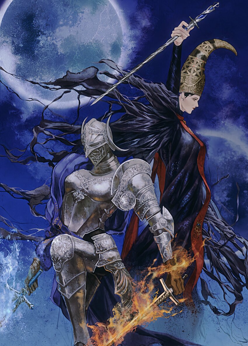 2girls arm_up armor armored_skirt blue_robe blue_surcoat commentary conical_hat couter elden_ring elden_ring:_shadow_of_the_erdtree english_commentary fake_horns fire flaming_sword flaming_weapon full_armor helmet highres holding holding_scepter horned_helmet horns knight large_hat leg_up moon multiple_girls ornate_clothes plate_armor pointy_hat rellana_twin_moon_knight rennala_queen_of_the_full_moon robe scepter silver_scepter tall_hat yujia0412
