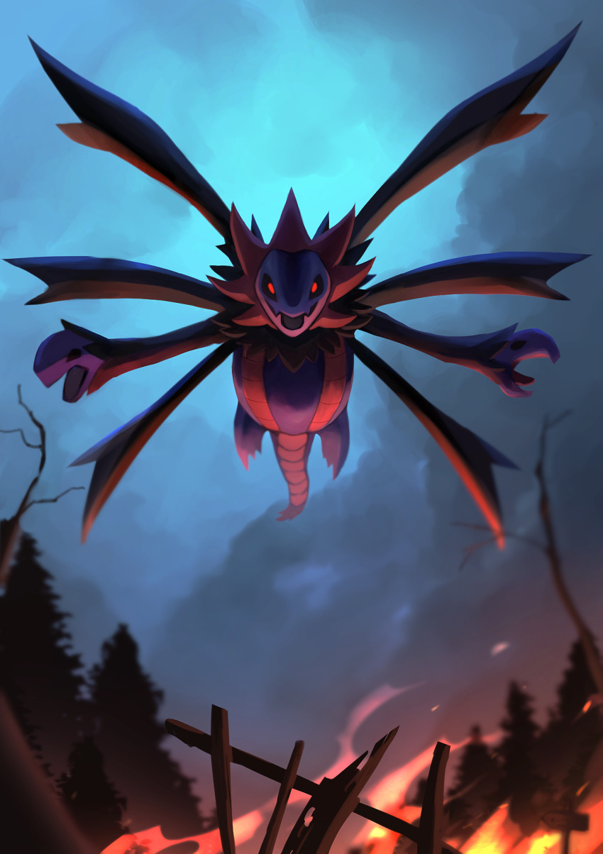 1other destruction dragon dragon_tail epic facing_viewer fangs fire floating flying forest full_body gen_5_pokemon glowing glowing_eyes highres hydreigon long_neck looking_at_viewer multiple_heads nature night night_sky nintendo no_humans open_mouth other_focus outdoors outstretched_arms pine_tree pokemon pokemon_(creature) red_eyes ruins scales sharp_teeth sky smoke spread_arms spread_wings tail teeth threatening three_heads tongue tongue_out tree yottur