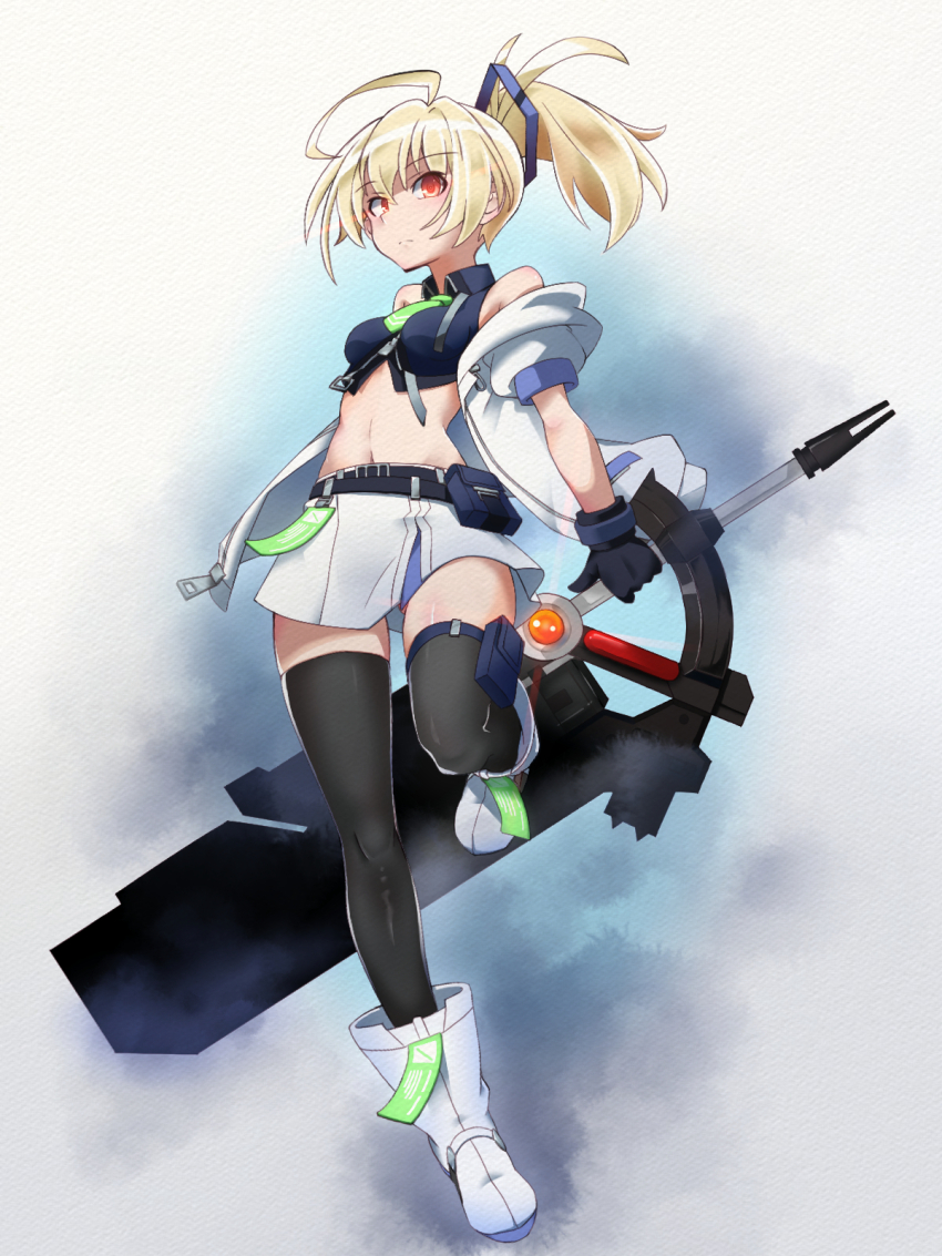 1girl ahoge andou_tazusa assault_lily bare_shoulders belt belt_buckle belt_pouch black_belt black_gloves black_shirt black_thighhighs blonde_hair blue_background blue_ribbon boots breasts buckle closed_mouth collared_shirt commentary crop_top digamma full_body gloves gradient_background greatsword green_necktie grey_background hair_ribbon high_ponytail highres holding holding_sword holding_weapon jacket leg_up looking_at_viewer midriff miniskirt navel necktie off_shoulder official_alternate_costume open_clothes open_jacket ponytail pouch red_eyes ribbon shirt short_hair short_necktie short_sleeves skirt sleeveless sleeveless_shirt small_breasts solo standing standing_on_one_leg stomach sword thigh_pouch thighhighs weapon white_background white_boots white_jacket white_skirt zettai_ryouiki zipper_pull_tab