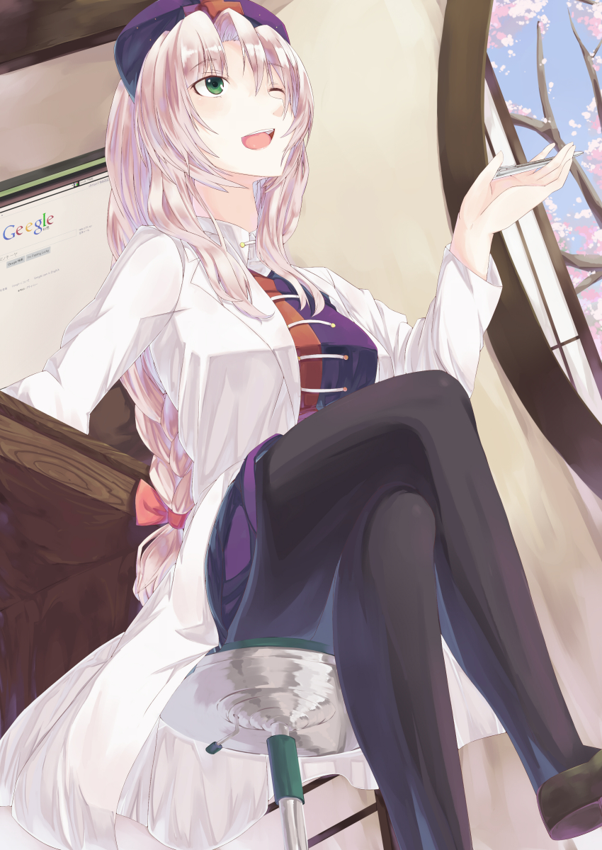 1girl absurdres arcadia090 bad_id bad_pixiv_id blue_hat braid chair crossed_legs female_focus google green_eyes hat highres lab_coat legs long_hair nurse_cap one_eye_closed open_mouth pantyhose parody silver_hair single_braid sitting solo touhou wink yagokoro_eirin