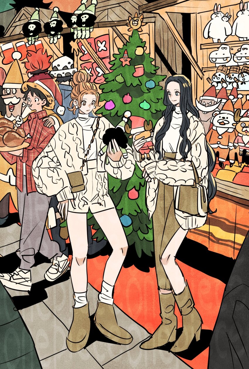 antlers baby_lapahn bepo black_hair blush boots brook_(one_piece) chicken_(food) christmas_ornaments christmas_tree commentary_request earrings edward_newgate eustass_kid facial_hair fake_facial_hair fake_mustache food full_body hair_bun hand_on_own_hip hat highres holding horns jewelry lapahn long_hair long_mustache long_nose monkey_d._luffy mustache nami_(one_piece) nico_robin one_piece orange_eyes orange_hair pappug pearl_earrings reindeer_antlers santa_hat scar scar_on_face shorts side_slit sidelocks straw_hat takeuchi_ryousuke thousand_sunny tony_tony_chopper trafalgar_law turtleneck usopp