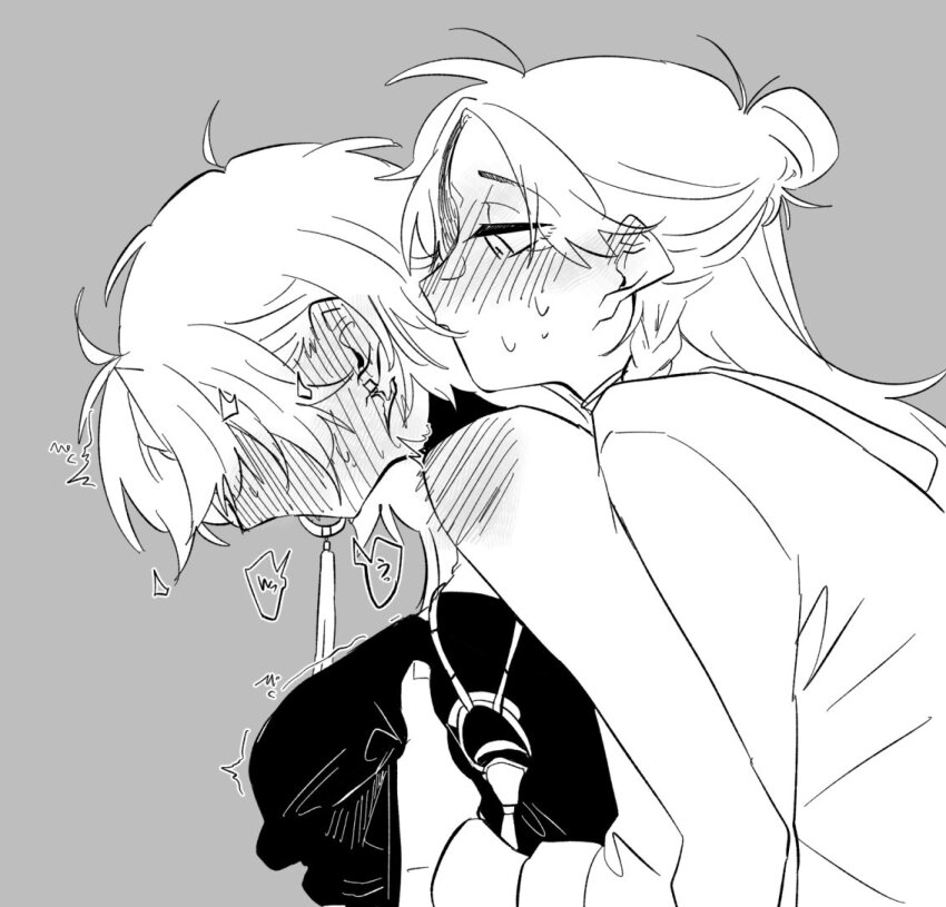 2girls blush braid closed_mouth commentary_request du_ruo_(path_to_nowhere) ear_blush earclip earrings from_side full-face_blush grabbing_another&#039;s_breast grabbing_from_behind greyscale groping hair_bun hand_under_clothes hand_under_shirt jewelry long_hair monochrome multiple_girls path_to_nowhere shirt side_braid single_earring speech_bubble sweatdrop yao_(path_to_nowhere) yonatori yuri