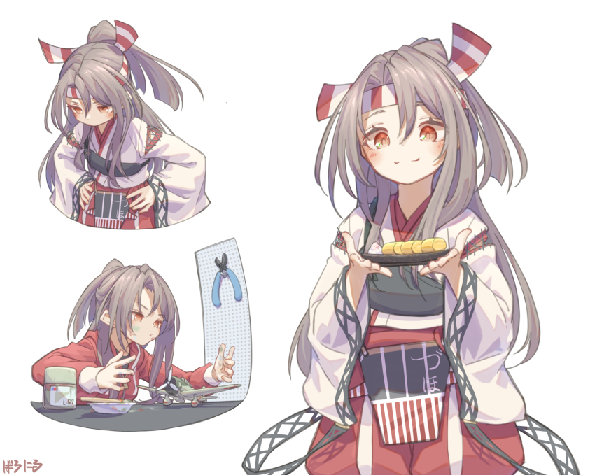 1girl aircraft airplane baronilu blush bomber brown_eyes brown_hair clippers d3a dive_bomber food grey_hair gym_uniform hachimaki hair_ribbon headband high_ponytail highres jacket japanese_clothes kantai_collection light_brown_hair long_hair long_sleeves looking_at_viewer model_kit muneate omelet paint pants ponytail ribbon smile solo tamagoyaki track_jacket track_pants track_suit zuihou_(kancolle)