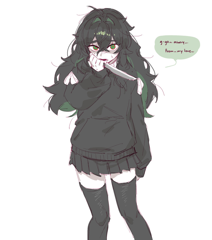 1girl absurdres black_hair black_skirt black_sweater black_thighhighs degrees_of_lewdity english_text green_eyes hair_intakes highres holding holding_knife kai_(drakkai10) knife kylar_(degrees_of_lewdity) kylar_(female)_(degrees_of_lewdity) long_hair looking_at_viewer pleated_skirt simple_background skirt solo speech_bubble sweater thighhighs white_background