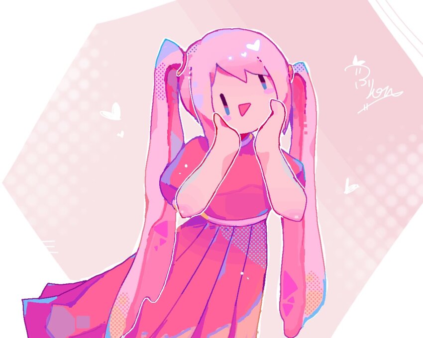 1girl :d bare_arms belt black_eyes blue_eyes border commentary_request dress frion622 hair_tie halftone halftone_background hands_on_own_cheeks hands_on_own_face hands_up heart long_hair multicolored_eyes mutantheart_(omori) omori open_mouth outline outside_border pink_background pink_belt pink_dress pink_hair pleated_dress puffy_short_sleeves puffy_sleeves short_sleeves simple_background smile solid_oval_eyes solo swept_bangs triangle_mouth twintails two-tone_eyes upper_body very_long_hair white_border white_outline