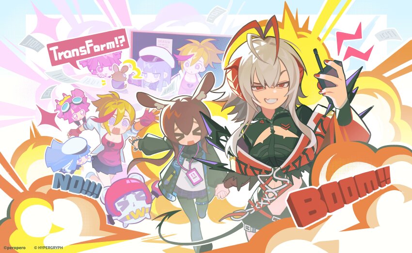 &gt;_&lt; 4girls @_@ absurdres amiya_(arknights) animal_ears antenna_hair arknights ascot black_ascot black_jacket black_pantyhose blonde_hair brown_hair buro_(muse_dash) character_request check_character closed_eyes commentary_request copyright_notice detonator evil_grin evil_smile explosion fang fingerless_gloves fingernails gloves goggles goggles_on_head grey_hair grin hair_between_eyes highres holding holding_detonator holding_hands jacket jewelry lanyard long_hair long_sleeves marija_(muse_dash) marija_(violinist)_(muse_dash) medium_hair multicolored_hair multiple_girls muse_dash official_art open_clothes open_jacket open_mouth orange_eyes orange_hair outstretched_arm pantyhose pink_gloves pink_hair pink_shirt reaching reaching_towards_another rin_(bassist)_(muse_dash) rin_(muse_dash) ring running shirt skin_fang smile sound_effects sparkle streaked_hair w_(arknights) wis&#039;adel_(arknights)