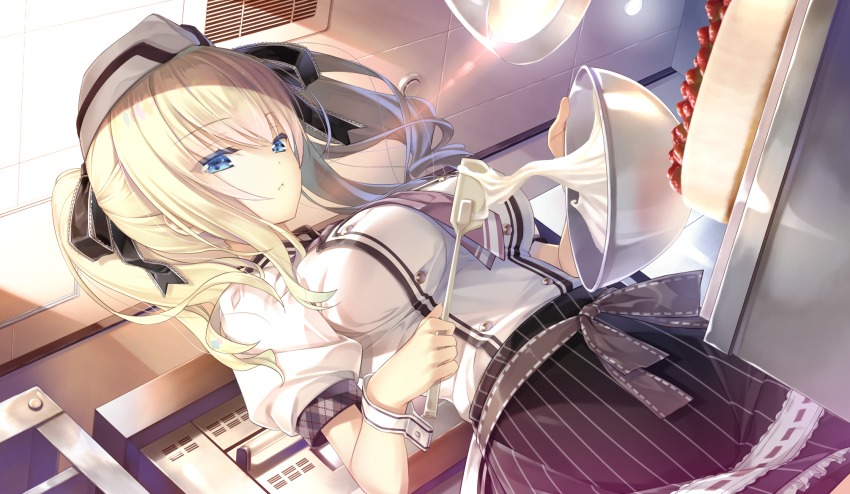 1girl ashishun black_ribbon black_skirt blonde_hair blue_eyes breasts cake cooking cream dutch_angle female_focus food from_below game_cg hair_between_eyes hair_ribbon highres indoors kitchen long_hair medium_breasts miniskirt ouchi_ni_kaeru_made_ga_mashimaro_desu pleated_skirt raiha_raikkonen raiha_ru00e4ikku00f6nen ribbon short_sleeves skirt solo twintails