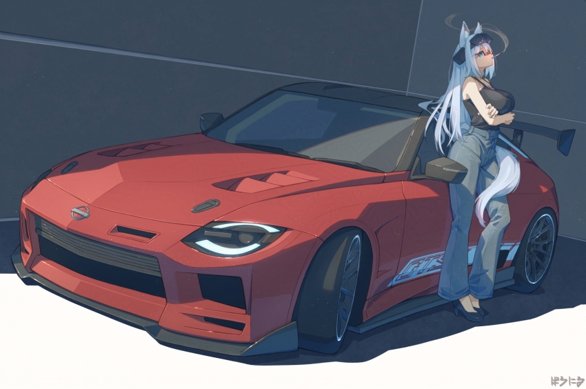 1girl animal_ears baronilu black_camisole black_footwear blue_eyes breasts camisole car character_request check_character cigarette commentary_request commission crossed_arms day denim fox_ears fox_girl fox_tail head-mounted_display high_heels highres jeans large_breasts light_particles motor_vehicle nissan nissan_fairlady_z nissan_z_(rz34) original pants shadow shirt_tucked_in skeb_commission solo sports_car tail vehicle_focus