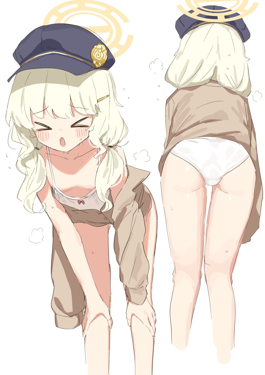 &gt;_&lt; 1girl absurdres aoba_(blue_archive) ass black_hat blue_archive blush breasts brown_shirt camisole closed_eyes downblouse hair_ornament hairclip halo hands_on_own_knees hat highres leaning_forward liely loli long_hair multiple_views no_pants open_mouth panties shirt small_breasts thighs twintails underwear white_camisole white_hair white_panties yellow_halo