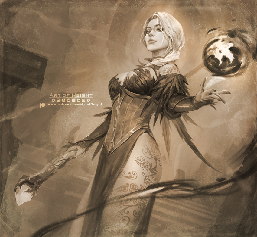 1girl art_of_neight artist_name artstation_logo black_dress braid breasts brown_theme cleavage closed_mouth cowboy_shot deviantart_logo dress facebook_logo grey_hair highres instagram_logo king_arthur:_legends_rise large_breasts lips logo long_hair long_sleeves looking_at_viewer monochrome morgan_le_fay_(king_arthur:_legends_rise) navel patreon_logo sepia smile solo thighs tiktok_logo twitch_logo twitter_logo