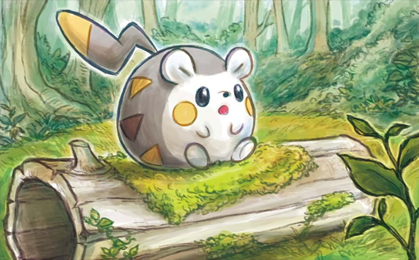 :o black_eyes creature day forest full_body gen_7_pokemon nature nintendo no_humans official_art pokemon pokemon_(creature) pokemon_tcg sitting solo sowsow third-party_source togedemaru tree