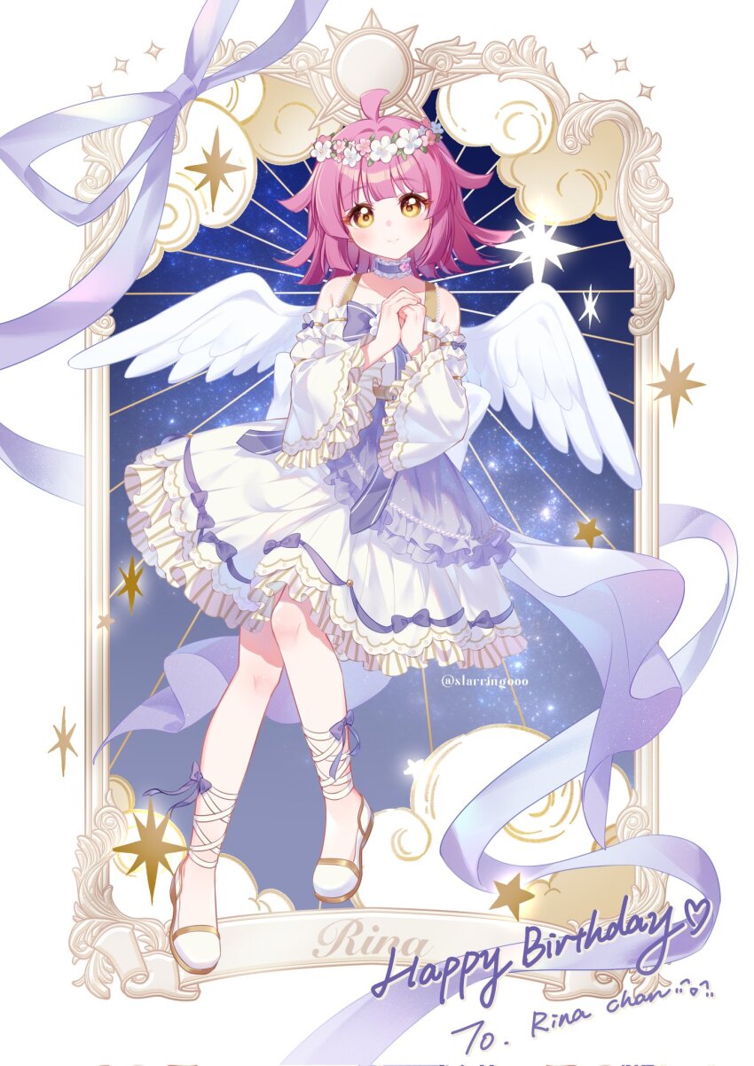 1girl ahoge angel_wings blunt_bangs blunt_ends blush bow character_name choker commentary dress eyelashes frilled_dress frilled_sleeves frills happy_birthday head_wreath highres light_smile long_sleeves looking_at_viewer love_live! love_live!_nijigasaki_high_school_idol_club medium_hair own_hands_together pink_hair purple_bow purple_choker purple_ribbon ribbon solo sparkle star_(symbol) starringooo tennoji_rina twitter_username white_dress white_footwear wings yellow_eyes