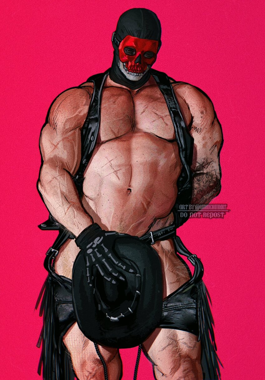 1boy arm_tattoo bara black_gloves call_of_duty call_of_duty:_modern_warfare_2 covering_crotch covering_privates ghost_(modern_warfare_2) gloves hat highres holding holding_unworn_clothes holding_unworn_hat large_pectorals male_focus mask muscular muscular_male navel pectorals pink_background simple_background skull_mask solo tattoo thick_thighs thighs umikochannart unworn_hat unworn_headwear