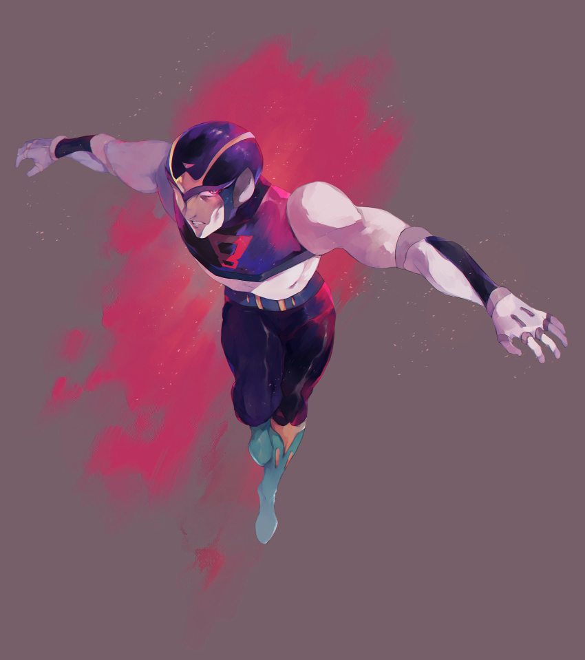 1boy 8_man_(series) 8man_(character) android full_body grey_background hayusk helmet highres jumping looking_at_viewer outstretched_arms pink_eyes simple_background solo