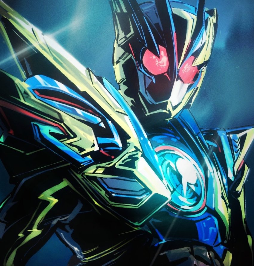 1boy armor blue_armor bug glowing glowing_eyes grasshopper green_armor insect kamen_rider kamen_rider_01_(series) kamen_rider_zero-one male_focus power_armor profile shining_assault_hopper signature solo upper_body y_a_m_a_y_a