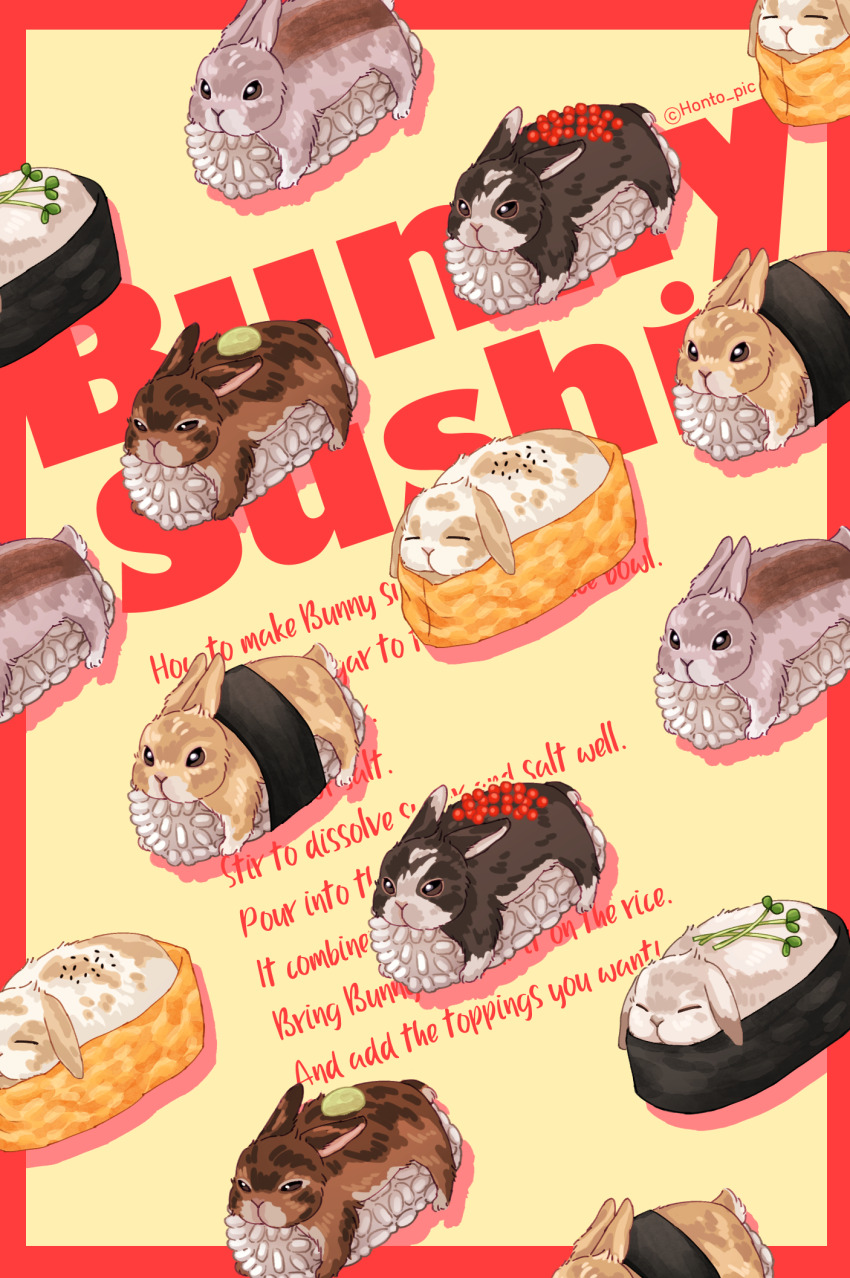 animal_focus artist_name border closed_eyes english_text food food_focus highres honto_pic no_humans original rabbit red_border sushi