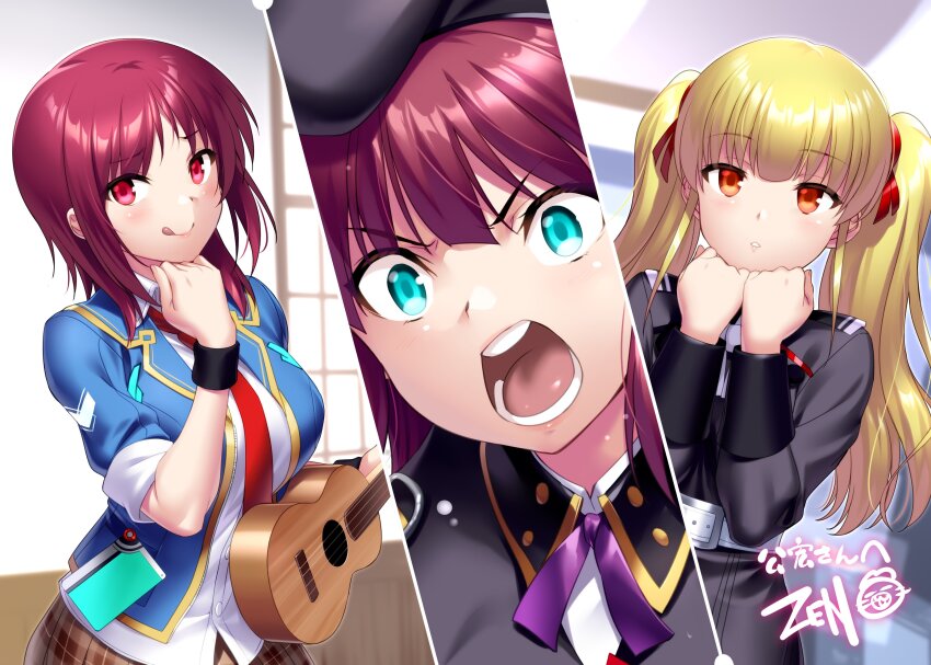 3girls :q absurdres angel_beats! angry aqua_eyes beret black_headwear black_jacket blonde_hair blue_jacket blunt_bangs breasts brown_skirt closed_mouth collared_shirt commentary_request commission company_connection cosplay dress_shirt expressionless eyelashes eyes_visible_through_hair hair_between_eyes hair_ribbon hands_up hat heaven_burns_red highres holding holding_instrument indoors instrument iwasawa_masami jacket kayamori_ruka kayamori_ruka_(cosplay) key_(company) large_breasts light_blush lips long_sleeves looking_at_viewer medium_hair military_uniform miniskirt multiple_girls nakamura_yuri nanase_nanami_(heaven_burns_red) nanase_nanami_(heaven_burns_red)_(cosplay) necktie open_mouth orange_eyes parted_bangs parted_lips pleated_skirt purple_hair red_eyes red_necktie red_ribbon ribbon round_teeth school school_uniform second-party_source shirt shouting sidelocks signature skeb_commission skirt sleeves_rolled_up smile teeth tezuka_saki tezuka_saki_(cosplay) tongue tongue_out twintails ukulele v-shaped_eyebrows white_shirt wide-eyed yusa_(angel_beats!) zen_(kamuro)