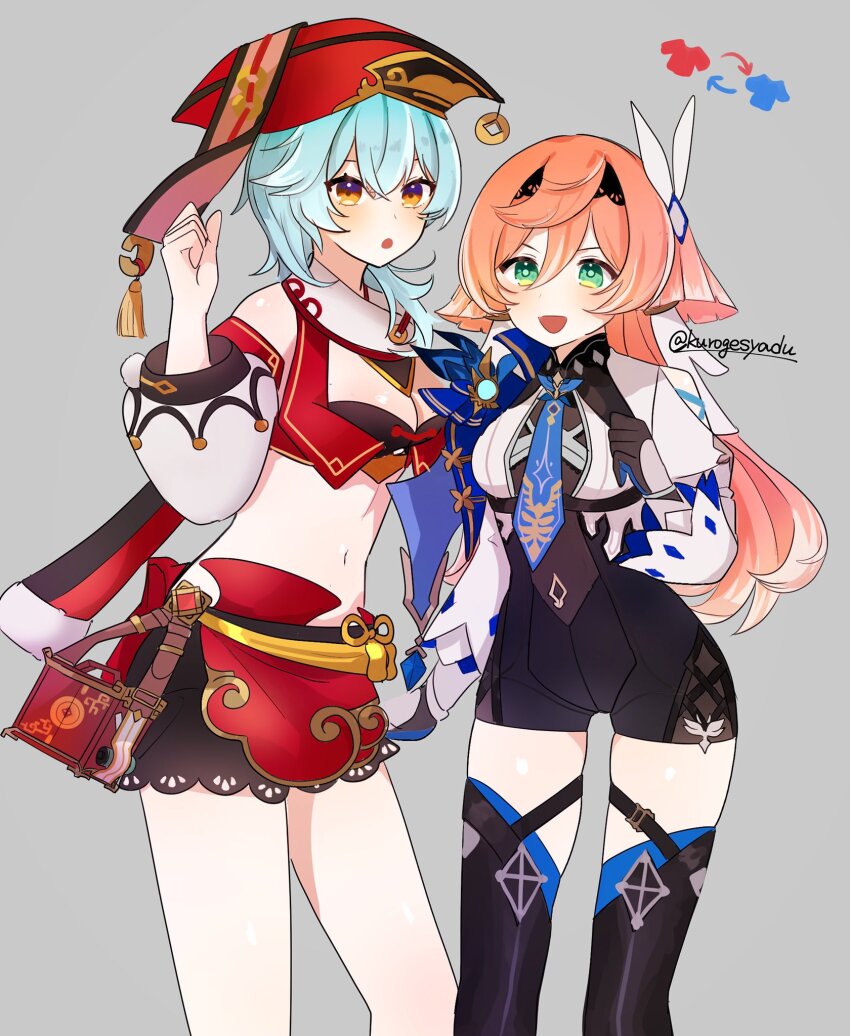 2girls black_bodysuit black_boots black_gloves blue_hair blue_necktie bodysuit boots breasts cleavage cleavage_cutout clothing_cutout commentary_request cosplay costume_switch cowboy_shot crop_top detached_sleeves eula_(genshin_impact) eula_(genshin_impact)_(cosplay) genshin_impact gloves green_eyes grey_background hair_between_eyes hand_up hat highres kuromu_shado large_breasts long_hair looking_at_viewer medium_breasts medium_hair midriff multiple_girls navel necktie open_mouth pink_hair red_hat red_skirt shoulder_cutout simple_background skirt thigh_boots thighhighs twitter_username vision_(genshin_impact) xiezhi_guan yanfei_(genshin_impact) yanfei_(genshin_impact)_(cosplay) yellow_eyes zettai_ryouiki