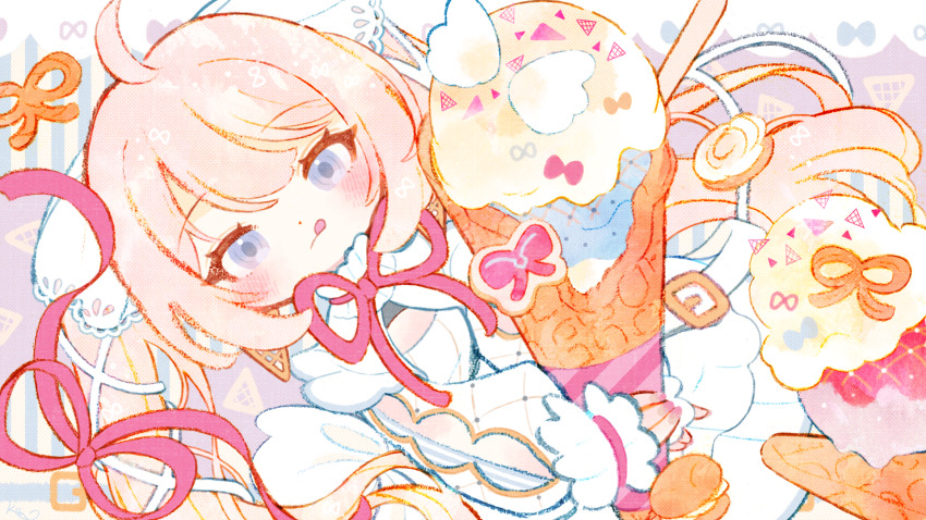 1girl :q ahoge blonde_hair blue_eyes borrowed_character closed_mouth commission deformed dessert dot_nose food highres holding holding_food holding_ice_cream ice_cream kappaman light_blush light_frown long_hair macaron nail_polish neck_ribbon original oversized_food oversized_object pastel_colors pink_ribbon ribbon second-party_source skeb_commission solo swept_bangs tongue tongue_out twintails very_long_hair white_footwear