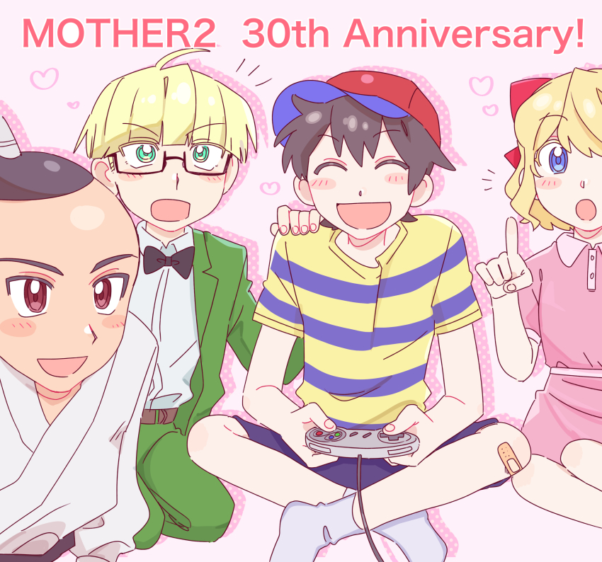 1girl 3boys absurdres anniversary baseball_cap black_hair blonde_hair blue_eyes bow controller cyappy1022 dress game_controller glasses glasss hair_bow hat highres holding holding_controller holding_game_controller jeff_andonuts mother_(series) mother_2 multiple_boys ness_(mother_2) nintendo open_mouth paula_(mother_2) pink_dress poo_(mother_2) shirt short_hair shorts smile striped_clothes striped_shirt super_nintendo_controller