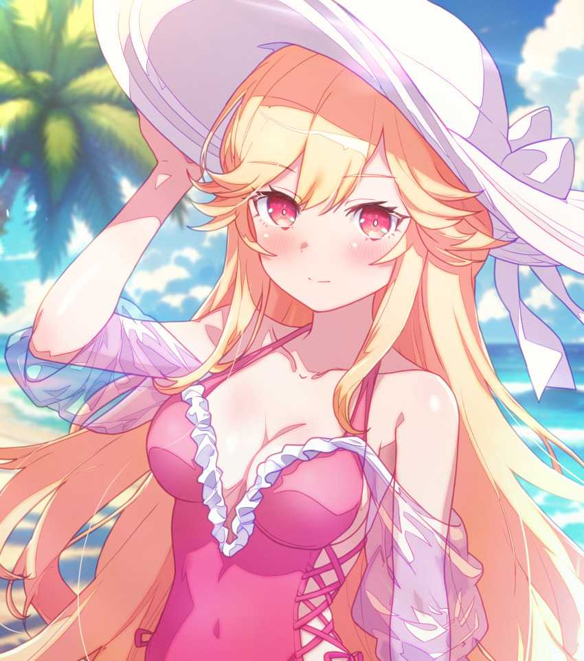 1girl arbiter1 azur_lane bare_shoulders bikini blonde_hair blurry blurry_background blush breasts cleavage covered_navel cross-laced_bikini cross-laced_clothes cross-laced_one-piece_swimsuit frilled_one-piece_swimsuit frills hair_spread_out hat highres medium_breasts one-piece_swimsuit outdoors pink_one-piece_swimsuit red_eyes richelieu_(azur_lane) richelieu_(fleuron_of_the_waves)_(azur_lane) see-through_clothes see-through_sleeves side-tie_swimsuit sun_hat swimsuit