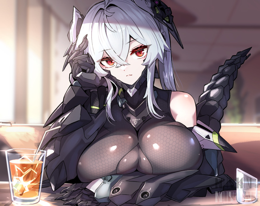 1girl android artist_name bare_shoulders black_bodysuit bodysuit breast_rest breasts breasts_on_table closed_mouth crossed_bangs cup drink drinking_glass fang glass grey_hair hair_between_eyes hair_ornament headgear highres horns indoors large_breasts long_hair looking_at_viewer m004_(natsukaze_shigure) mechanical_arms mechanical_horns mechanical_tail natsukaze_shigure original red_eyes sidelocks sitting skin_fang slit_pupils solo table tail upper_body white_hair