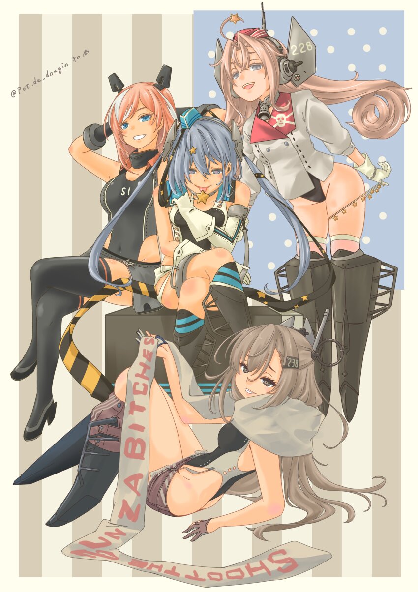 4girls absurdres american_flag american_flag_print aqua_hat armored_boots armpits arms_behind_head ass ballet_boots bell black_choker black_gloves black_one-piece_swimsuit black_thighhighs blue_eyes blue_hair boots breasts brown_hair choker clothes_writing coat collar commentary_request competition_swimsuit covered_navel crossed_legs drum_(kancolle) flag_background flag_print from_side garrison_cap gloves grey_eyes grey_scarf grey_skirt grin hair_between_eyes hair_intakes hair_ornament hair_rings hat headgear highleg highleg_one-piece_swimsuit highres kantai_collection long_hair looking_at_viewer medium_breasts metal_collar micro_shorts multicolored_hair multiple_girls neck_bell one-piece_swimsuit open_mouth parted_bangs partially_fingerless_gloves pink_background pot-de profanity red_hat salmon_(kancolle) scamp_(kancolle) scarf shorts side_ponytail signature sitting skirt skull_print smile star_(symbol) star_hair_ornament star_ornament swimsuit swimsuit_under_clothes teeth thighhighs twitter_username two-tone_background two-tone_one-piece_swimsuit upper_teeth_only very_long_hair wahoo_(kancolle) wahoo_kai_(kancolle) white_coat white_gloves white_hair white_thighhighs