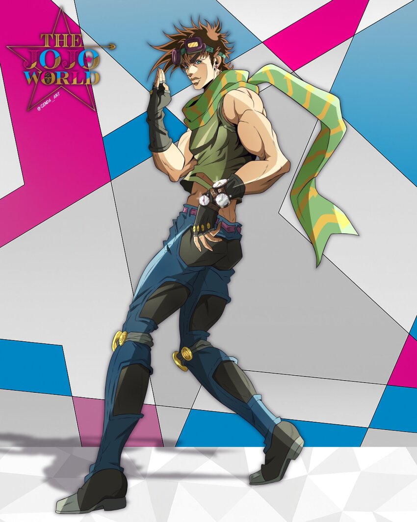 1boy arrow_print battle_tendency biceps black_gloves black_pants black_shoes brown_hair commentary denim fingerless_gloves genda_art gloves goggles goggles_on_head green_scarf green_shirt highres jeans jojo_no_kimyou_na_bouken joseph_joestar joseph_joestar_(young) knee_pads logo male_focus midriff multicolored_pants muscular official_style pants parody salute scarf shirt shoes sleeveless sleeveless_shirt solo striped_clothes striped_scarf style_parody two-finger_salute watch wristwatch yellow_scarf