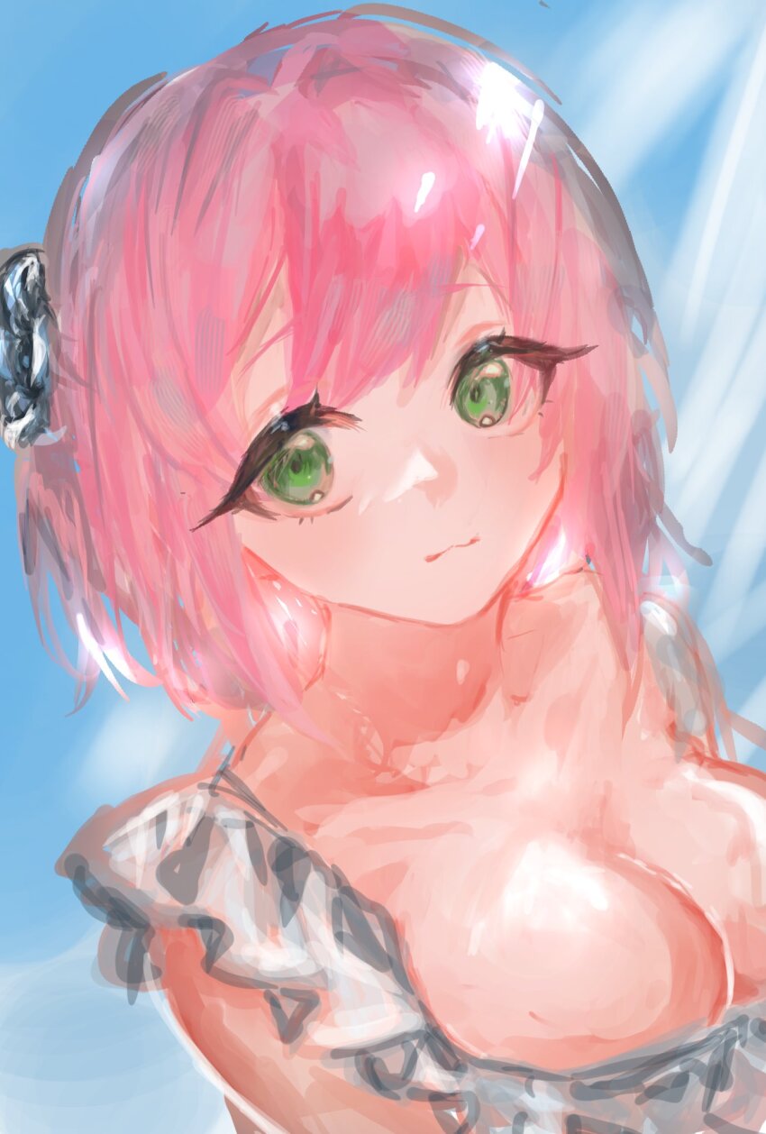 1girl 8_oee :3 bikini blue_sky bob_cut breasts cleavage closed_mouth double-parted_bangs flower frilled_bikini frills from_above green_eyes hair_between_eyes hair_flower hair_intakes hair_ornament hanazono_hakari highres kimi_no_koto_ga_dai_dai_dai_dai_daisuki_na_100-nin_no_kanojo large_breasts looking_at_viewer pink_hair portrait raised_eyebrows short_hair sky solo swimsuit white_bikini white_flower