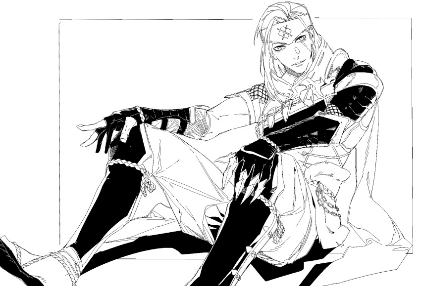 1boy armor clawed_gauntlets claws commentary_request fur_trim gauntlets greyscale highres lineart long_hair looking_at_viewer megasus monochrome monster_hunter_(series) monster_hunter_rise on_ground original scale_armor scar scar_on_face simple_background single_gauntlet sitting solo white_background