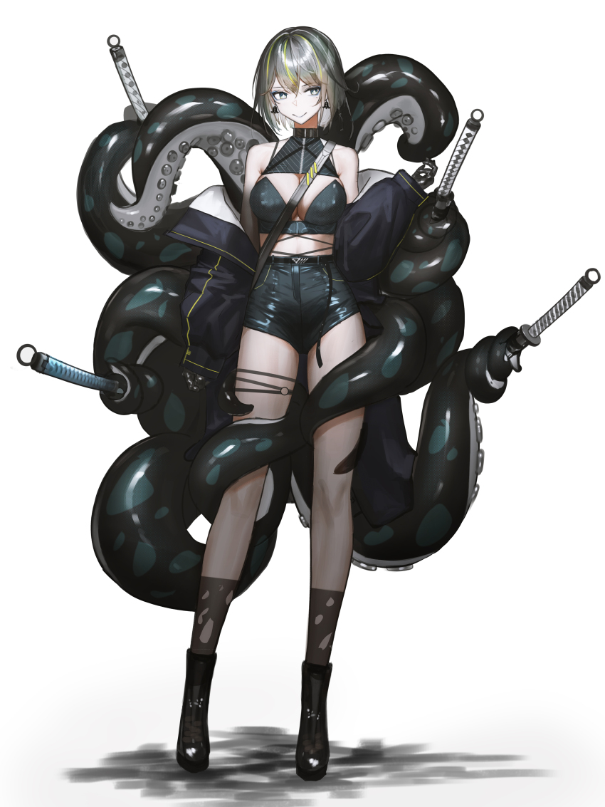 1girl absurdres black_boots black_gloves black_shorts bodice boots breasts cleavage closed_mouth corset earrings facing_viewer full_body ganet_p gloves grey_hair highres hilt jacket jewelry long_sleeves looking_to_the_side medium_breasts mole mole_under_eye off_shoulder open_clothes open_jacket original puffy_long_sleeves puffy_sleeves short_hair shorts simple_background solo standing tentacles tight_clothes white_background
