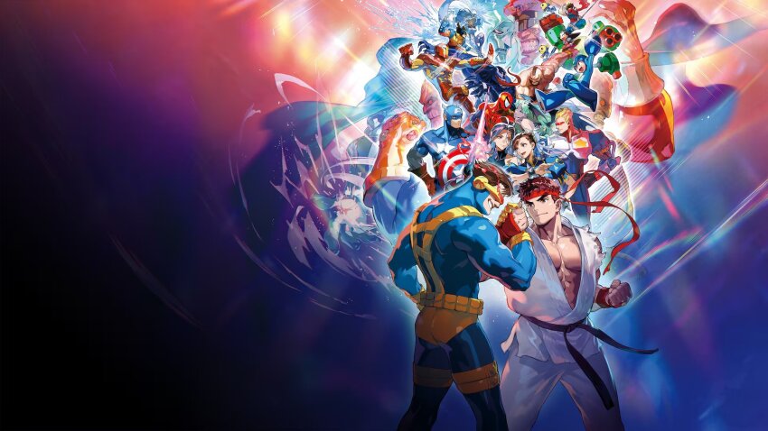 6+boys akuma_(street_fighter) bengus bodysuit capcom capcom_fighting_collection captain_america captain_america_(series) captain_commando captain_commando_(character) chun-li crossover cyclops_(x-men) doctor_doom fangs fantastic_four highres holding_hands infinity_gauntlet iron_man iron_man_(series) key_visual long_tongue m._bison marvel marvel_super_heroes marvel_super_heroes_vs._street_fighter marvel_vs._capcom marvel_vs._capcom_2 mask mega_man_(character) mega_man_(classic) mega_man_(series) mega_man_legends_(series) morrigan_aensland multiple_boys official_art promotional_art psylocke ryu_(street_fighter) servbot_(mega_man) smile spider-man spider-man_(series) storm_(x-men) street_fighter strider_(video_game) strider_hiryuu superhero_costume thanos third-party_source tongue tron_bonne_(mega_man) darkstalkers venom_(marvel) wolverine_(x-men) x-men x-men:_children_of_the_atom zangief