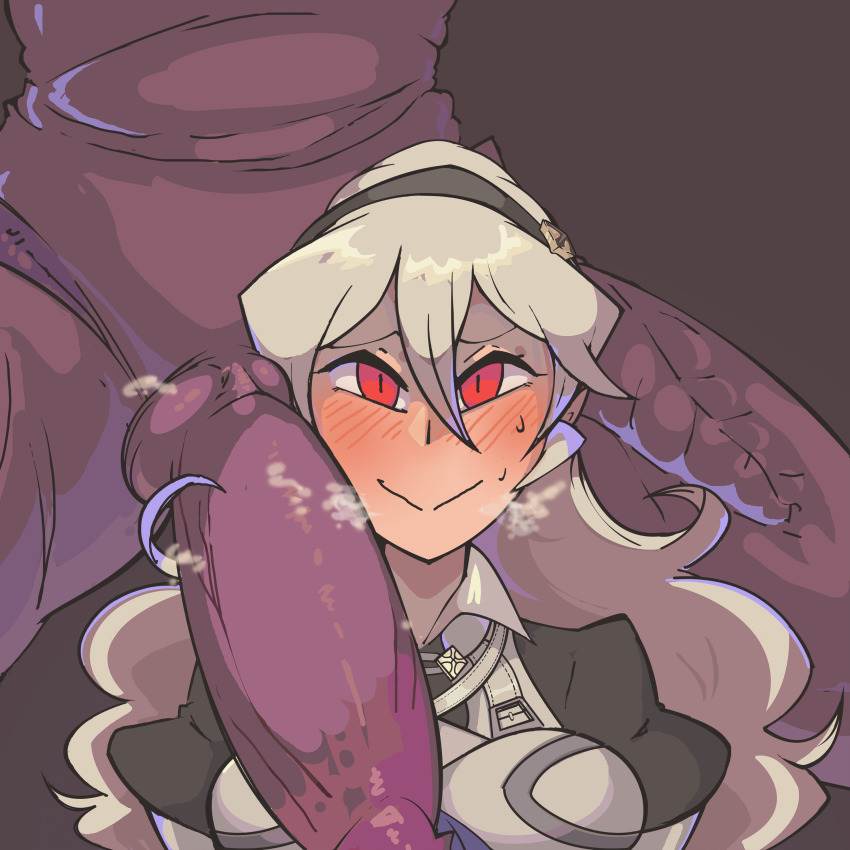 1boy 1girl absurdres armor blush breasts commission commissioner_upload corrin_(female)_(fire_emblem) davewaterfalls dragon fire_emblem fire_emblem_fates hairband highres imminent_penetration interspecies large_penis long_hair looking_at_viewer metroid nervous nintendo penis penis_on_shoulder red_eyes ridley slit_pupils super_smash_bros. sweat very_long_hair