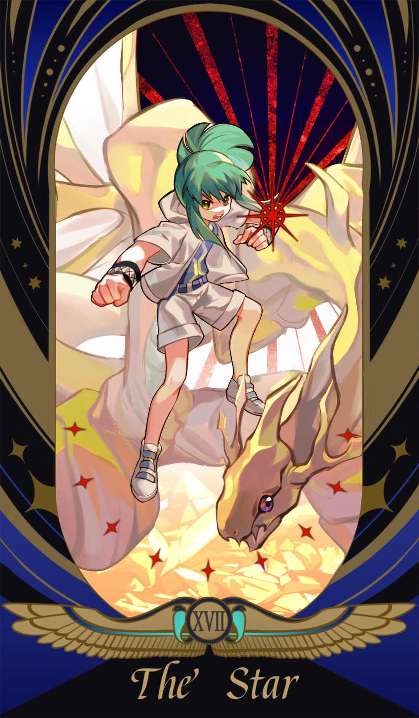 1boy absurdres border card_(medium) child duel_monster english_text full_body green_hair highres life_stream_dragon long_hair lua_(yu-gi-oh!) male_focus open_clothes open_shirt riding roman_numeral shoes shorts sidelocks sneakers solo_focus ssbaby tarot tarot_(medium) the_star_(tarot) white_shorts yu-gi-oh! yu-gi-oh!_5d&#039;s