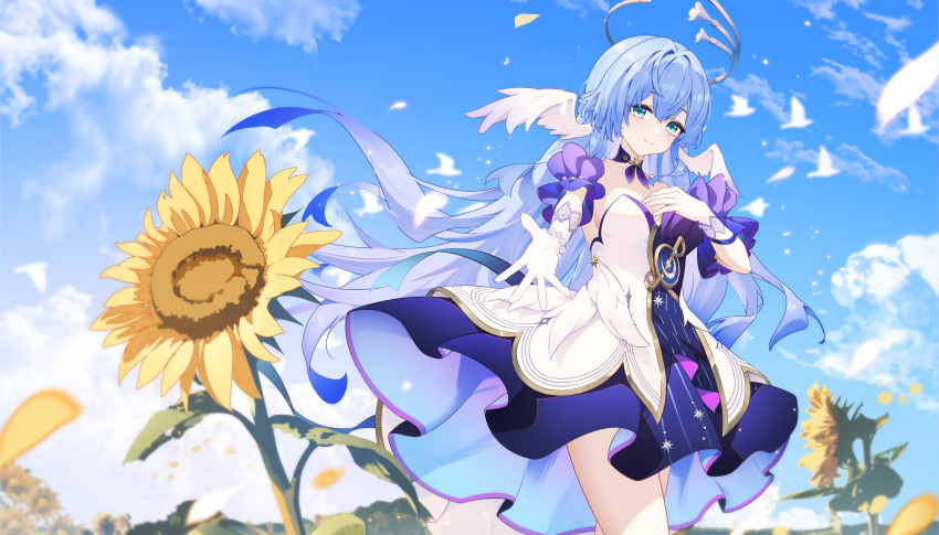 1girl absurdres blue_sky breasts chinese_commentary commentary_request cowboy_shot dress field flower flower_field gloves green_eyes halo hand_on_own_chest head_wings heiyizhushenxia highres honkai:_star_rail honkai_(series) long_hair looking_at_viewer medium_breasts outdoors reaching reaching_towards_viewer robin_(honkai:_star_rail) sky smile solo sunflower thighs white_dress white_gloves wings