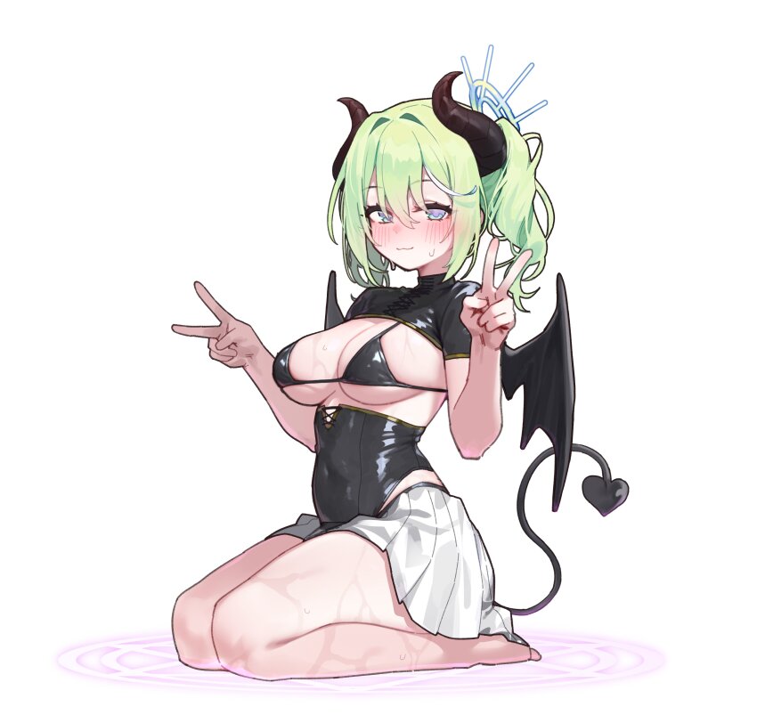 1girl :3 absurdres barefoot bikini black_bikini black_shrug blue_eyes blush breasts cleavage closed_mouth commentary_request covered_navel demon_girl demon_horns demon_tail demon_wings double_v green_hair hair_ornament hands_up highres horns korean_commentary long_hair looking_at_viewer magic_circle medium_breasts miniskirt pleated_skirt sangobob seiza short_sleeves shrug_(clothing) simple_background sitting skirt smile solo stellive string_bikini sweat swimsuit tail thighs twintails underbust v white_background white_skirt wings yuzuha_riko