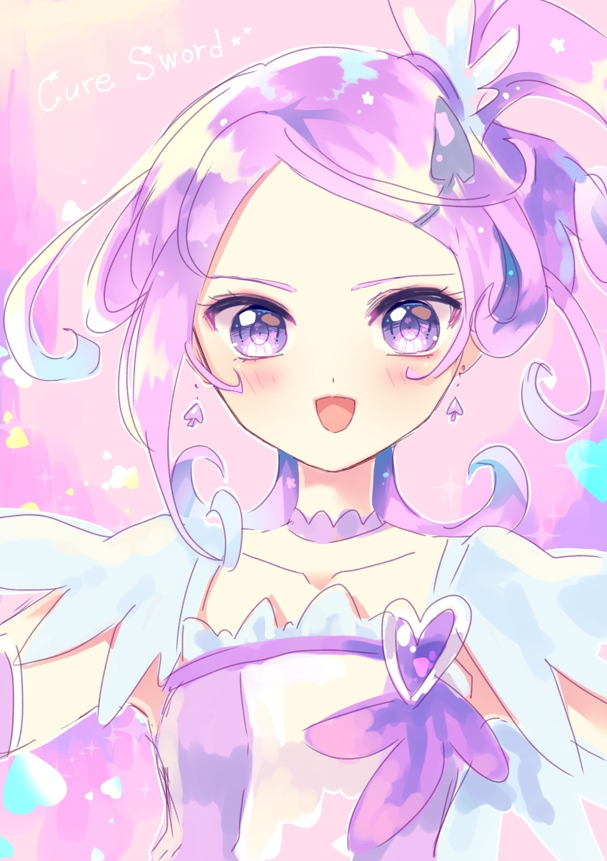 :d absurdres character_name choker collarbone cure_sword dokidoki!_precure earrings eri. highres jewelry magical_girl open_mouth pale_skin ponytail precure purple_background purple_choker purple_eyes purple_hair short_sleeves smile