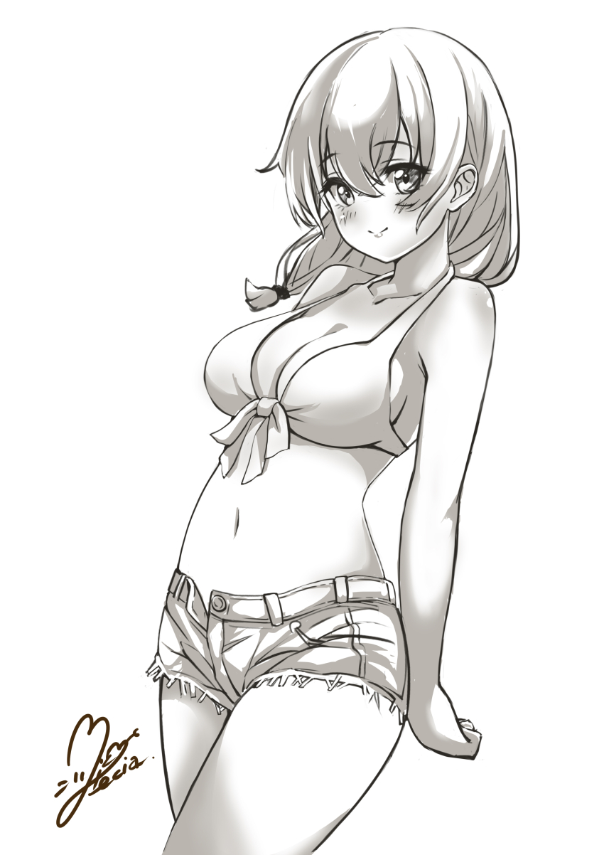 1girl absurdres bikini breasts cleavage denim denim_shorts front-tie_bikini_top front-tie_top higa_kana highres large_breasts looking_at_viewer miki_lutecia monochrome navel okinawa_de_suki_ni_natta_ko_ga_hougen_sugite_tsurasugiru open_fly shorts signature simple_background smile solo standing stomach swimsuit thighs white_background