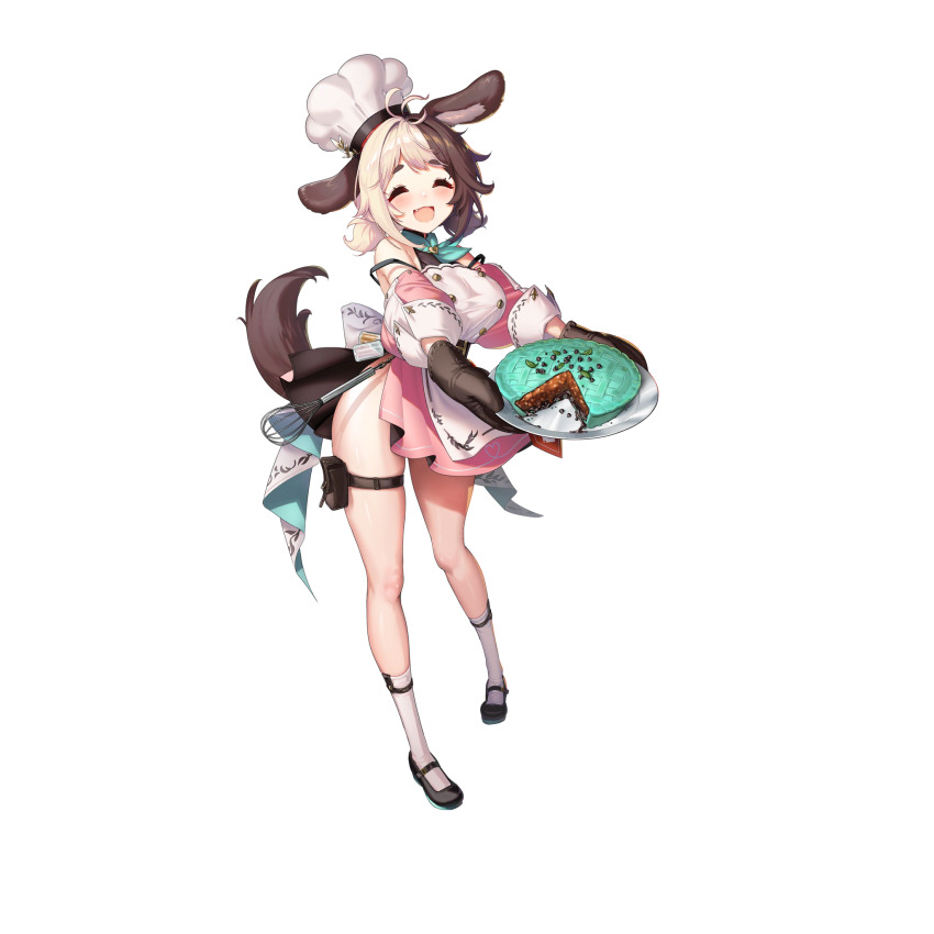 1girl animal_ear_fluff animal_ears ankle_socks apron back_bow bare_shoulders belt black_belt black_shoes blush bow breasts brown_hair buttons chef_hat chocolate_chip chocolate_tart closed_eyes dispenser dog_ears dog_girl dog_tail double-breasted dress fang full_body green_neckerchief grey_hair hachiko_of_castling hat heart highres holding holding_plate huge_bow large_breasts last_origin low_twintails mary_janes mel_(dodosae) mint mint_chocolate_(razschi) multicolored_hair neckerchief off-shoulder_dress off_shoulder official_alternate_costume official_art open_mouth oven_mitts pigeon-toed pink_dress plate pouch puffy_sleeves shoes short_dress short_twintails side_slit sidelocks simple_background socks solo spice split-color_hair standing tachi-e tail tareme thick_thighs thigh_belt thigh_pouch thigh_strap thighs third-party_source tongue transparent_background twintails two-tone_hair valentine whisk white_apron white_bow white_hat white_socks