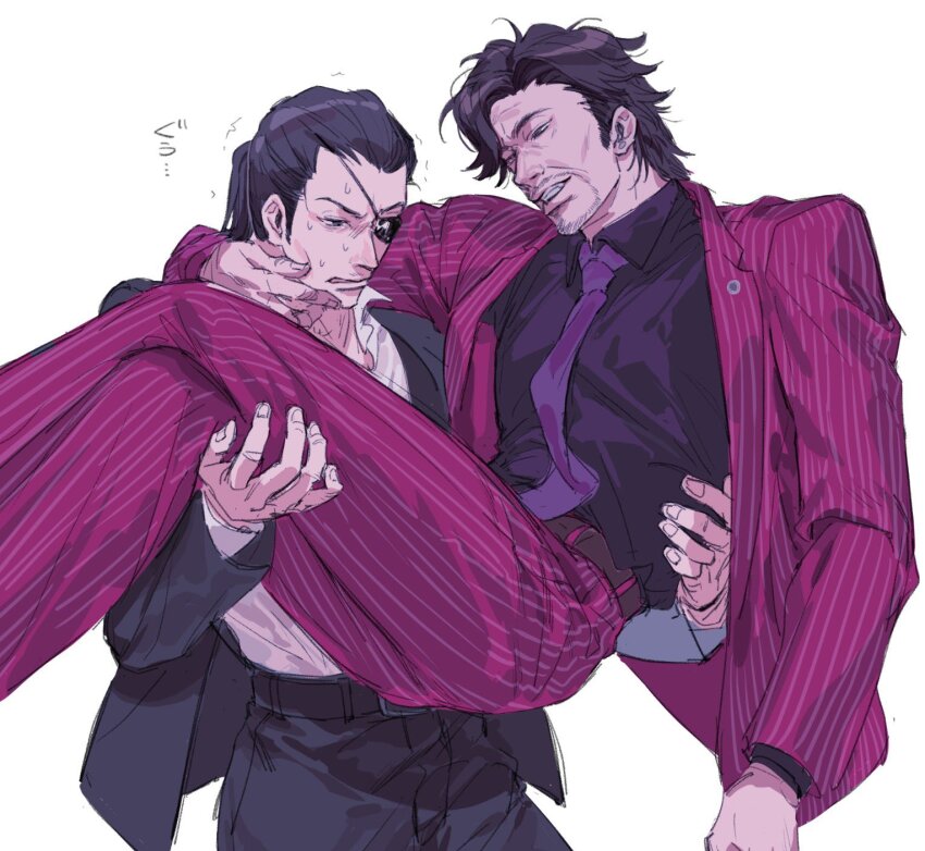 2boys belt bkhyl black_shirt black_suit carrying collared_shirt eyepatch facial_hair formal_clothes grin highres long_sleeves looking_at_another majima_goro multiple_boys necktie nishitani_homare ponytail princess_carry ryuu_ga_gotoku_(series) ryuu_ga_gotoku_0 shirt short_hair smile suit white_background white_shirt yaoi