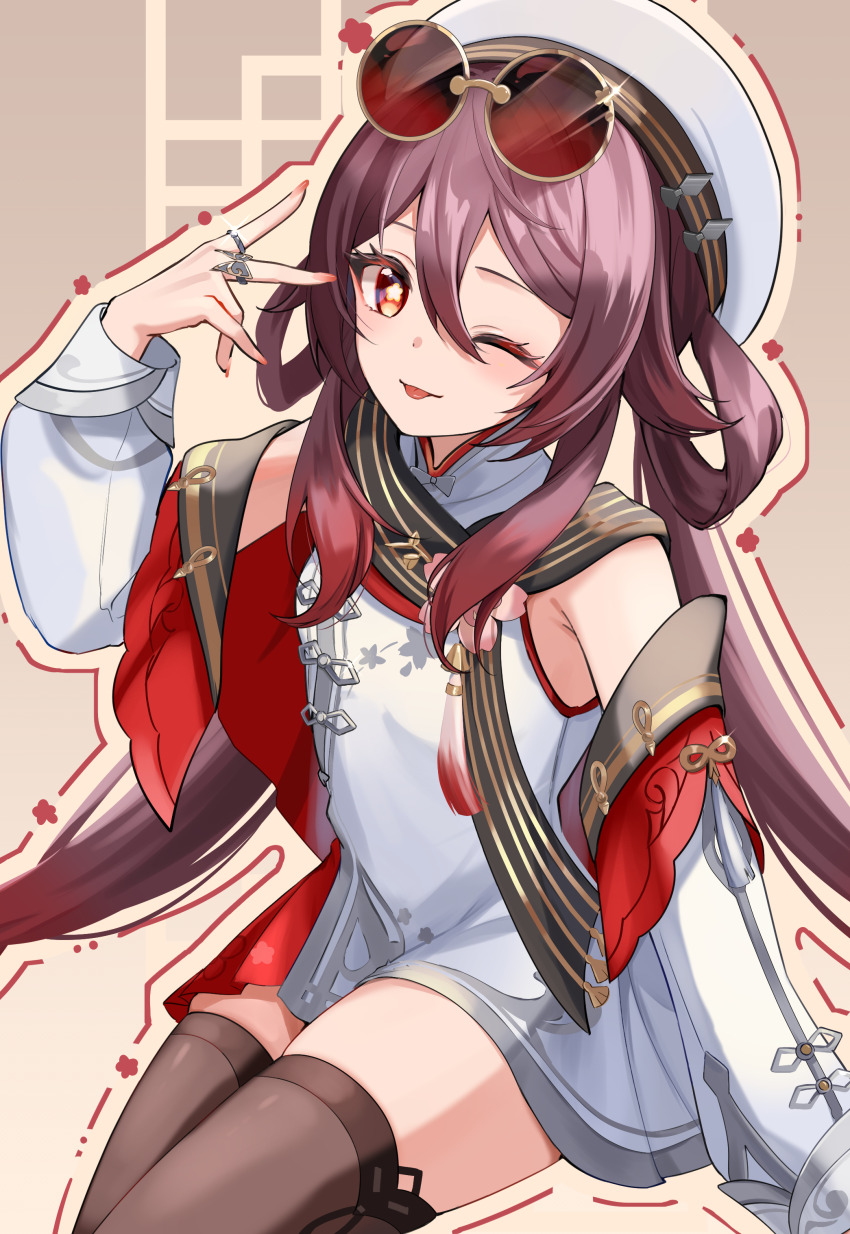 1girl absurdres alternate_costume bare_shoulders beret black_thighhighs brown_hair brown_thighhighs chinese_clothes commentary_request detached_sleeves dress eyewear_on_head flower-shaped_pupils genshin_impact gradient_hair grin hair_between_eyes hair_rings hat highres hu_tao_(cherries_snow-laden)_(genshin_impact) hu_tao_(genshin_impact) jacket jewelry long_hair long_sleeves looking_at_viewer marufus mixed-language_text multicolored_hair nail_polish one_eye_closed red_eyes ring short_dress sidelocks sitting sleeveless smile solo sunglasses symbol-shaped_pupils teeth thighhighs tongue tongue_out twintails very_long_hair white_dress zettai_ryouiki