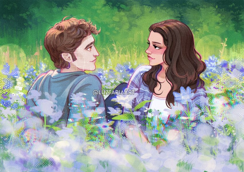 1boy 1girl artist_name blue_shirt blush brown_eyes brown_hair day edward_cullen field flower flower_field grass grey_shirt isabella_swan long_hair looking_at_another luztapiaart open_clothes open_shirt outdoors plaid_clothes plaid_shirt shirt short_hair twilight twilight_(series) watermark white_shirt