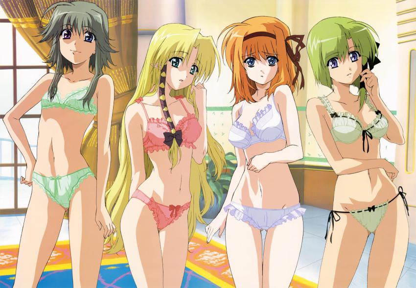 00s 4girls :o ahoge aqua_eyes arm_behind_back asymmetrical_hair blonde_hair blue_eyes bow bow_bra bow_panties bra clenched_hand closed_mouth contrapposto cowboy_shot curtains flat_chest flipped_hair frilled_bra frilled_panties frills front-tie_top fuyou_kaede green_bra green_eyes green_hair green_panties grey_hair grin groin hair_bow hair_ribbon hairband hand_on_own_hip head_tilt heterochromia highres hosoda_naoto indoors kareha lace lace-trimmed_bra lace-trimmed_panties lace_trim legs_apart legs_together light_smile lineup lingerie long_hair looking_at_viewer mayumi_thyme multiple_girls narrow_waist navel official_art orange_hair panties parted_bangs parted_lips plant pointy_ears potted_plant purple_eyes raised_eyebrows red_bra red_panties ribbon ribbon-trimmed_bra ribbon-trimmed_panties ribbon_trim rug scan shigure_asa short_hair short_hair_with_long_locks shuffle! side-tie_panties sidelocks smile standing thigh_gap tile_floor tiles tress_ribbon underwear underwear_only very_long_hair white_panties window