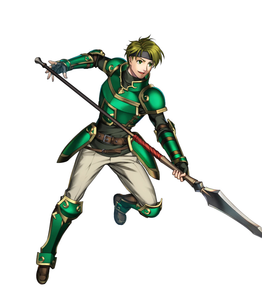 1boy armor artist_request boots elbow_pads fingerless_gloves fire_emblem fire_emblem:_the_blazing_blade fire_emblem_heroes full_body gauntlets gloves gold_trim green_armor green_eyes green_hair headband highres holding holding_polearm holding_weapon knee_boots leg_up long_sleeves looking_away male_focus nintendo non-web_source official_art open_mouth pants polearm sain_(fire_emblem) short_hair shoulder_armor smile spear teeth transparent_background turtleneck weapon