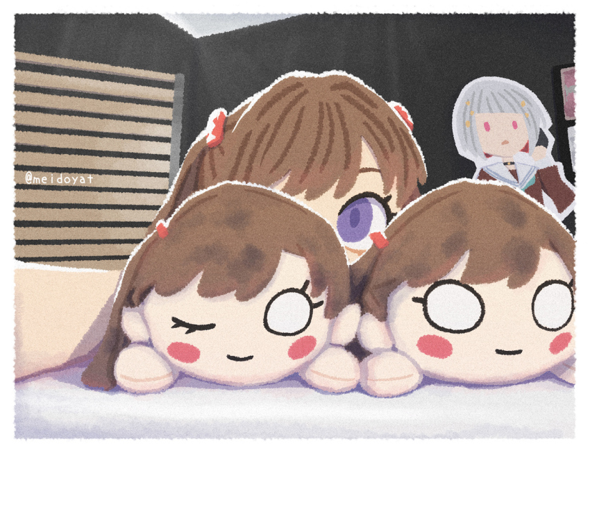 1girl ;) blush_stickers brown_hair cardboard_cutout commentary_request fake_photograph fujishima_megumi hiding indoors link!_like!_love_live! long_hair looking_at_viewer love_live! meidosan nesoberi one_eye_closed photo-referenced purple_eyes smile solo tsukine_kona twitter_username two_side_up virtual_youtuber yugiri_tsuzuri