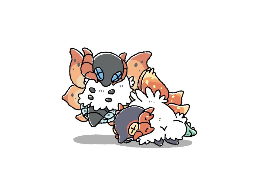 00tamakichi all_fours black_skin blue_eyes bug colored_skin flying gen_5_pokemon highres horns insect looking_ahead looking_at_another moth nintendo no_humans orange_horns orange_wings pokemon pokemon_(creature) shadow side-by-side simple_background slither_wing symbol-shaped_pupils volcarona white_background white_fur wings x-shaped_pupils yellow_eyes