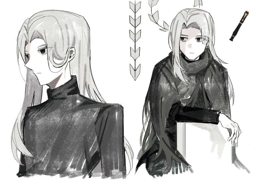 1boy asdf1211950 black_eyes black_souls black_souls_2 black_sweater cape grey_cape highres humanization long_hair lorde_(black_souls) multiple_views pen simple_background sweater turtleneck turtleneck_sweater weapon whip_sword white_background white_hair