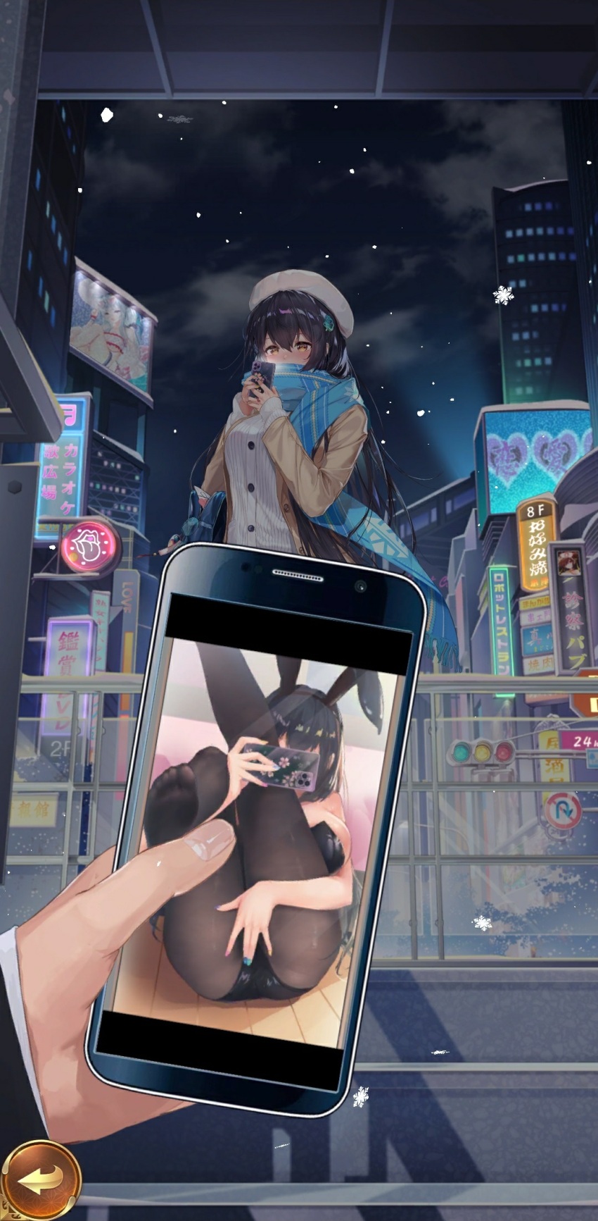 1boy 1girl animal_ears ass black_hair breasts cellphone censored city covering_own_eyes fake_animal_ears gameplay highres large_breasts leotard night night_sky outdoors phone photo_(object) photo_comparison playboy_bunny rabbit_ears scarf selfie shoujo_kaisen sky smartphone sousou_moutoku_(shoujo_kaisen)