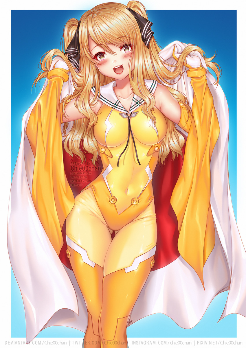 1girl ao_no_kanata_no_four_rhythm artist_name black_ribbon blonde_hair blue_background blush bodysuit border breasts brown_eyes chie00chan commission covered_navel cowboy_shot flag gloves gluteal_fold hair_ribbon highres holding holding_flag japanese_flag large_breasts long_hair looking_at_viewer open_mouth ribbon satouin_reiko simple_background solo standing two-tone_background two_side_up white_border yellow_bodysuit